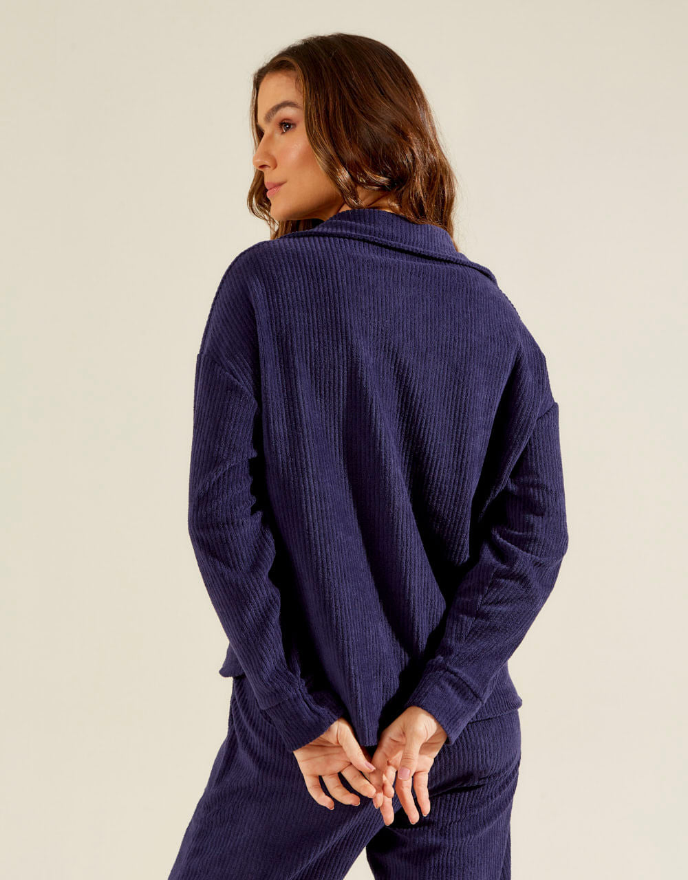 Camisa Canelada Atoalhada Ampla - Azul Marinho