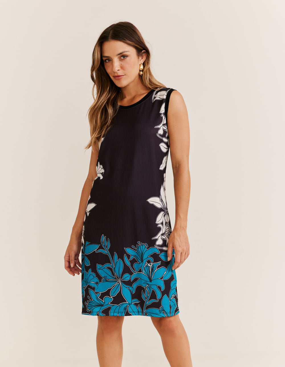 Vestido Caixinha Estampado Lirio Barrado - Preto