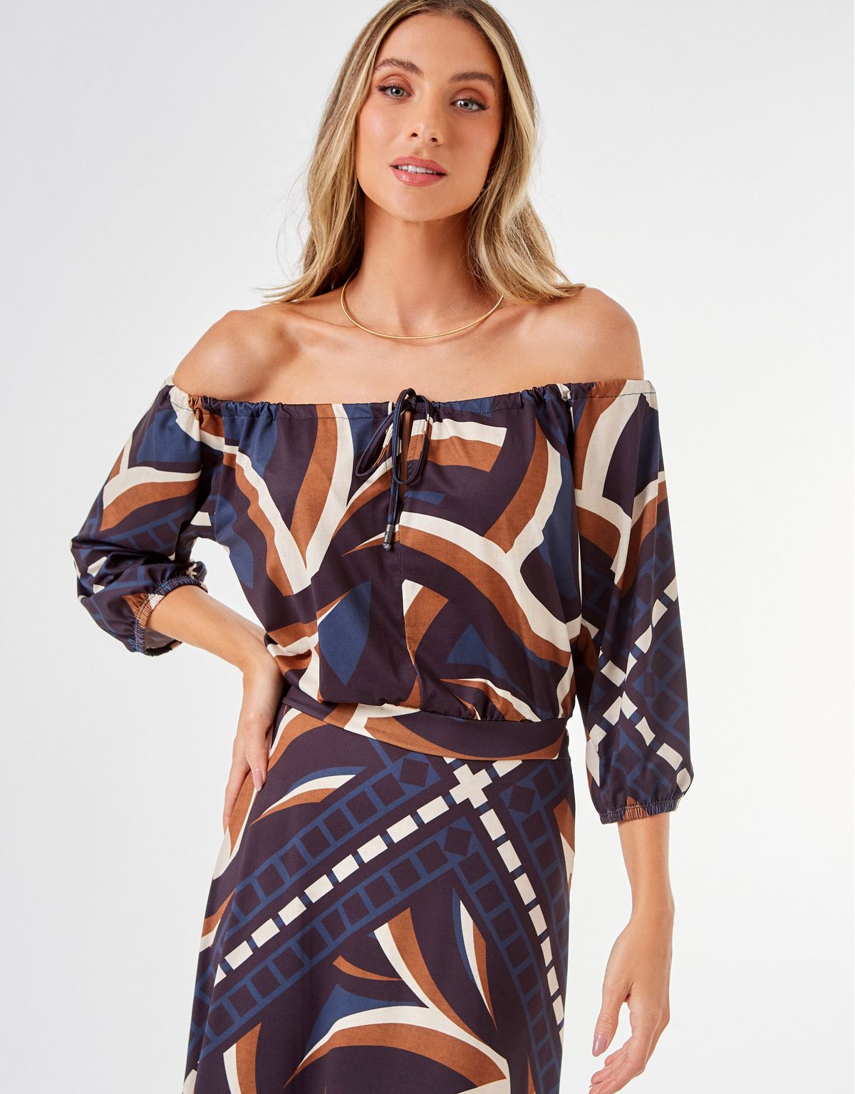 Vestido Longo Estampado Emiliana - Azul Marinho