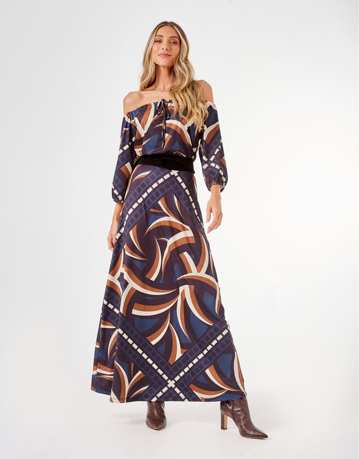 Vestido Longo Estampado Emiliana - Azul Marinho