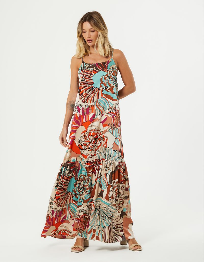 Vestido Longo Estampado Jardim Geometric - Areia