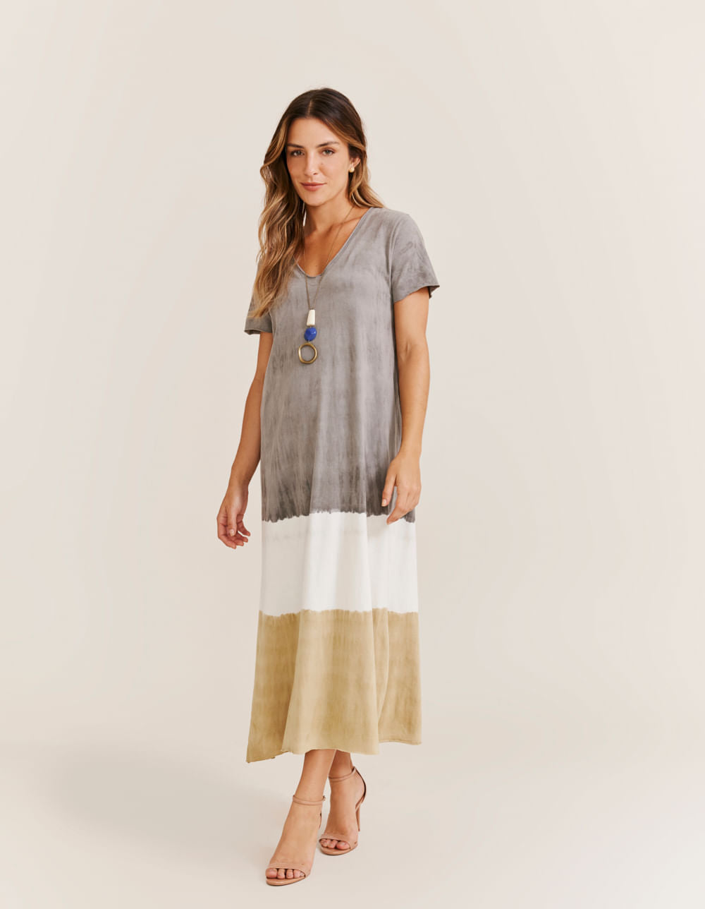Vestido Malha Tie Dye Fenda - Cinza