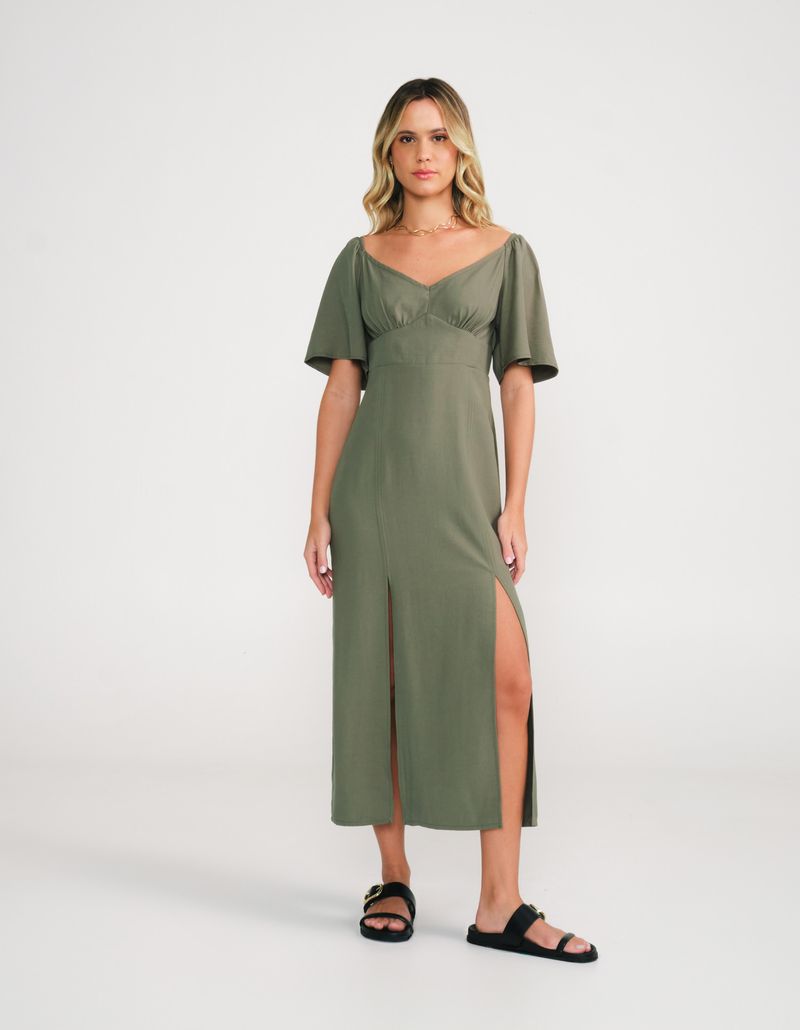 Vestido Manga Ampla Saia Fendas - Verde Militar