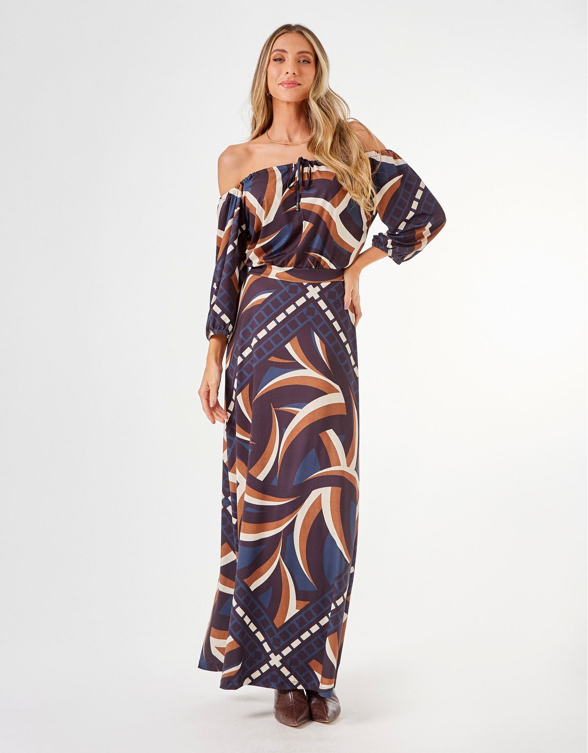 Vestido Longo Estampado Emiliana - Azul Marinho