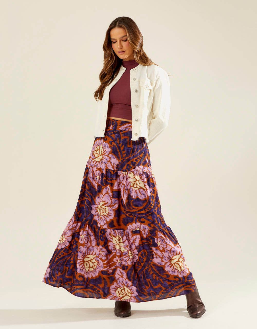 Saia Longa Estampada Violeta - Caramelo