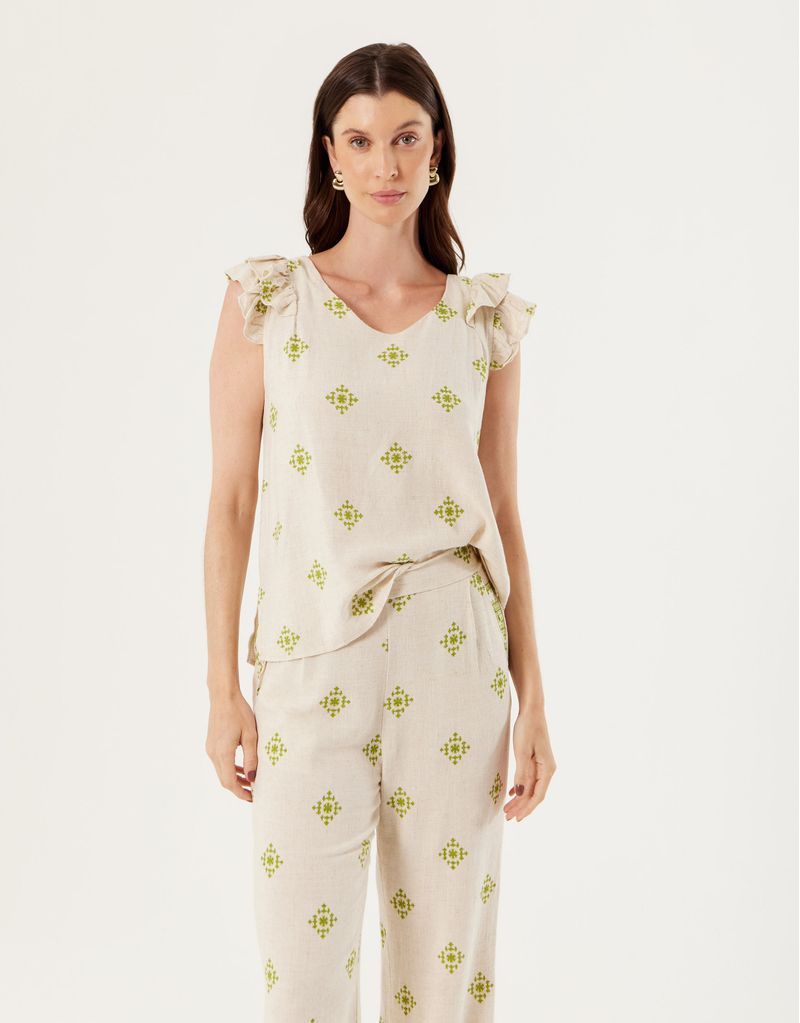 Blusa Linho Estampado - Natural C/ Verde