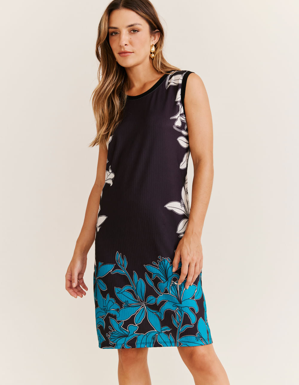 Vestido Caixinha Estampado Lirio Barrado - Preto