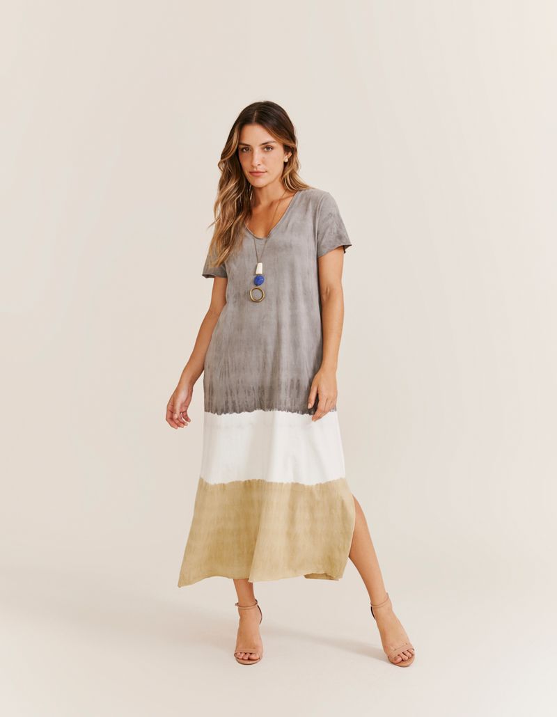 Vestido Malha Tie Dye Fenda - Cinza