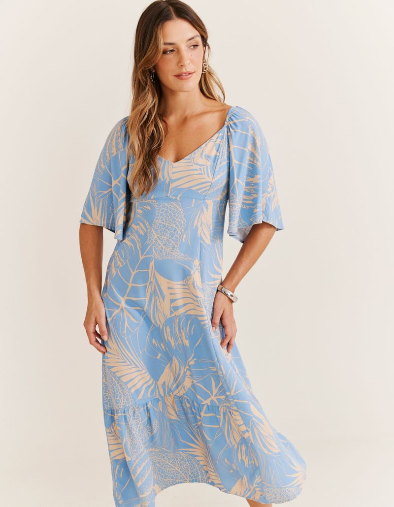 Vestido Midi Estampado Tropical Ice - Azul