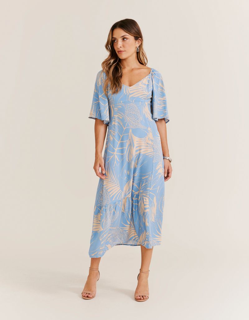Vestido Midi Estampado Tropical Ice - Azul